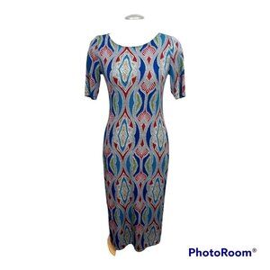 Chicos Travelers Midi Dress Small Colorful Sheath Long Mosaic Print Art Stretch